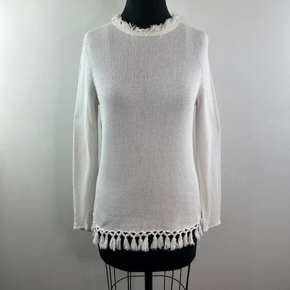 J.Mclaughlin White Sweater Cotton Knitted Crew Neck Thread Fringe Pullover S M? - Picture 2 of 8